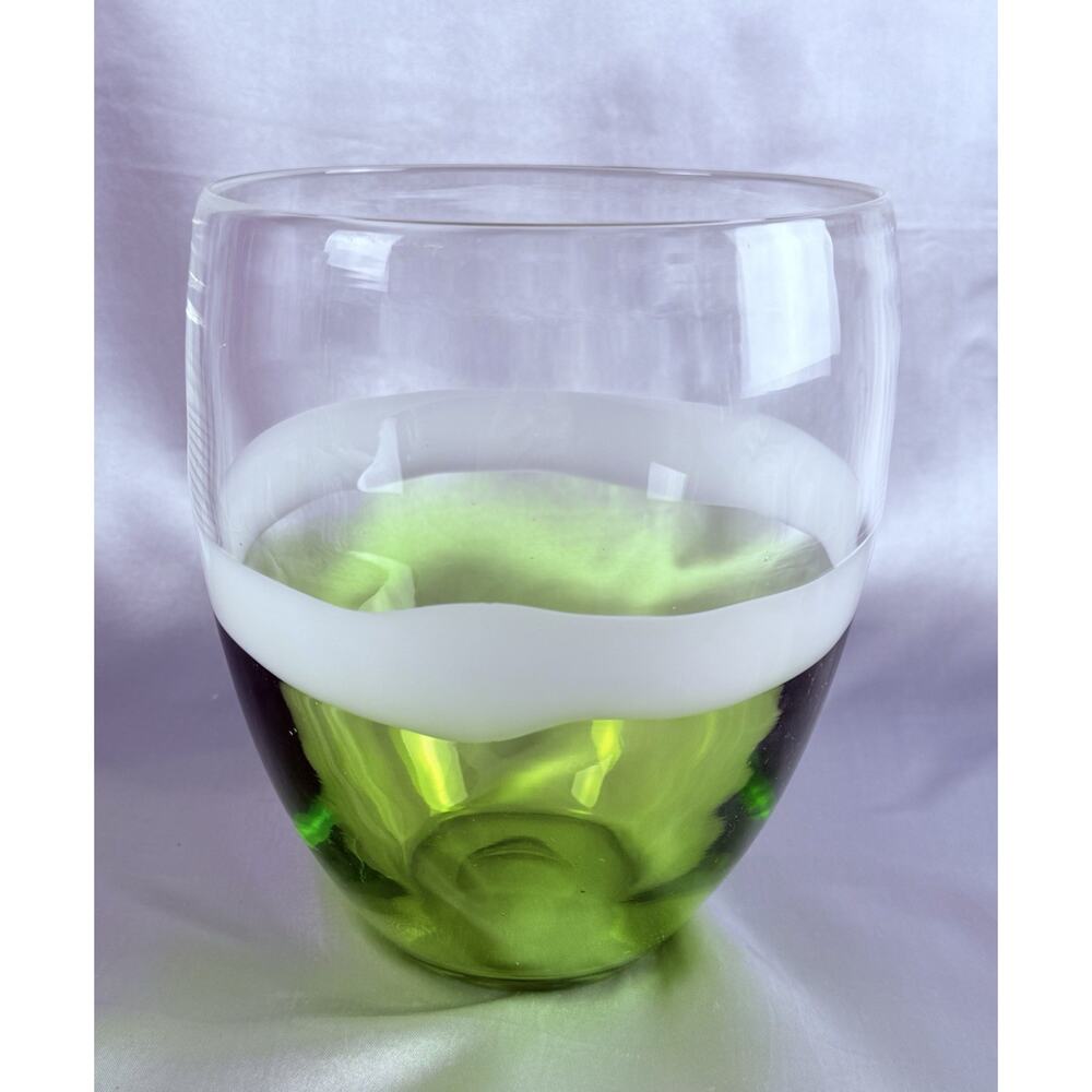 Green Hand Blown Vase Studio Art Glass Emerald Lime & White Swirl Cup Bowl 7.5”